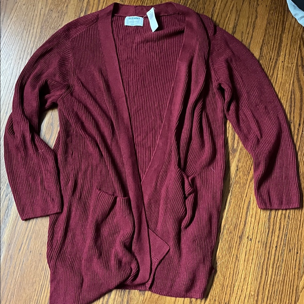 Old Navy Maroon Knit Cardigan, long, pockets NWT large